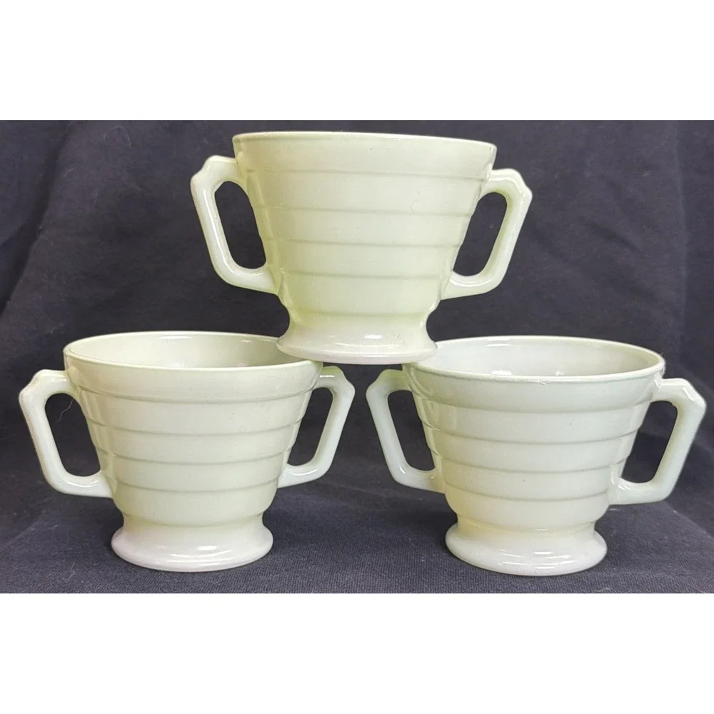 3 Hazel Atlas Moderntone Platonite Pastel green open sugar Bowl Dual Handle